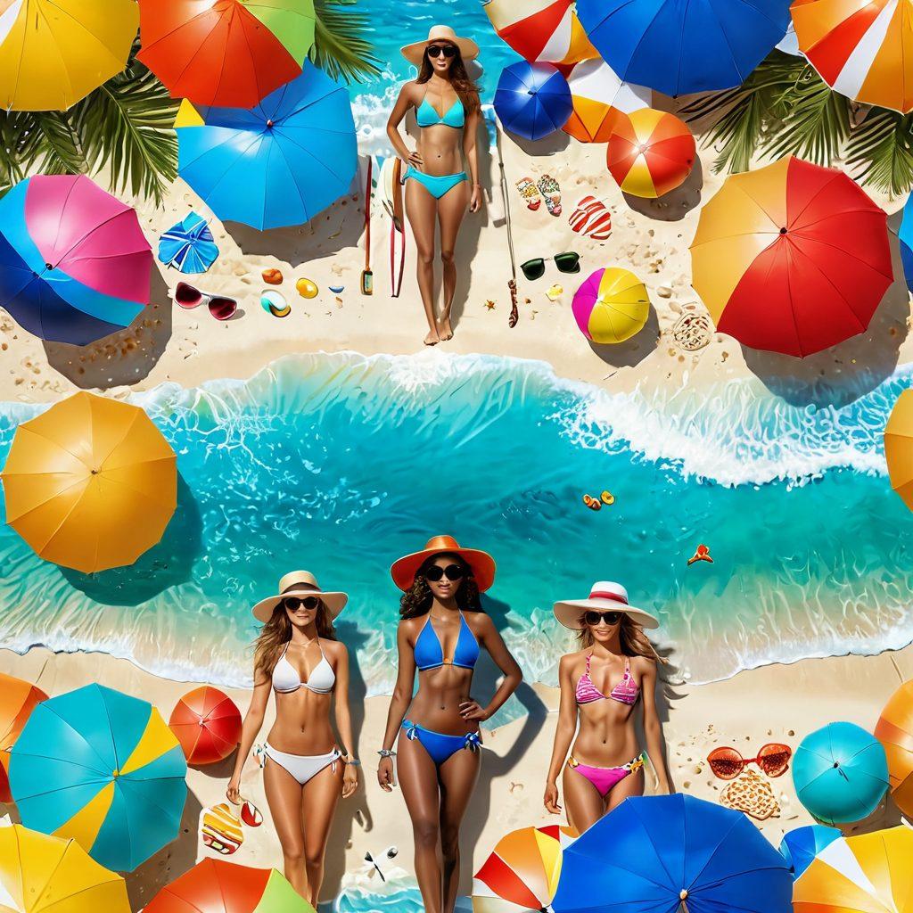 A vibrant beach scene featuring diverse models showcasing the latest bikini styles and beachwear trends. The backdrop includes crystal-clear water, golden sands, and colorful beach umbrellas. Highlight tropical accessories like hats and sunglasses, while ensuring elegant summer fashion dominates the composition. Incorporate surfboards and beach balls for a playful touch. bright colors. 3D. super-realistic.